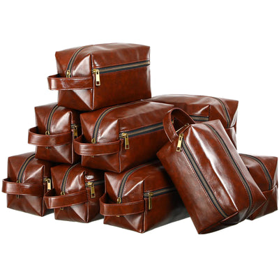 Hillban 10 Pcs Leather Toiletry Bag for Men Groomsmen Gift Bag Travel Make up Cosmetic Bag Vintage Men Large Toiletry Bag for Shaving Grooming Travel Anniversary Wedding Boyfriend Father(Dark Brown)