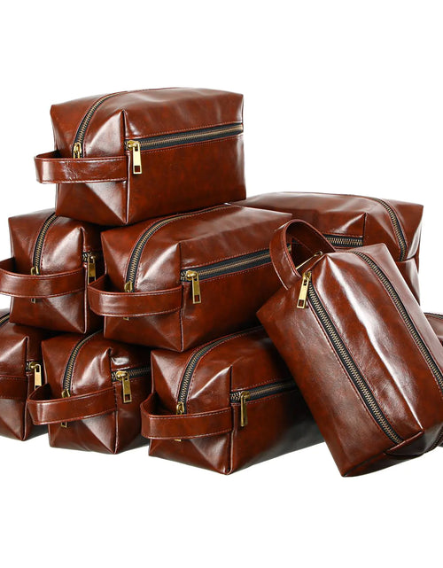 Load image into Gallery viewer, Hillban 10 Pcs Leather Toiletry Bag for Men Groomsmen Gift Bag Travel Make up Cosmetic Bag Vintage Men Large Toiletry Bag for Shaving Grooming Travel Anniversary Wedding Boyfriend Father(Dark Brown)

