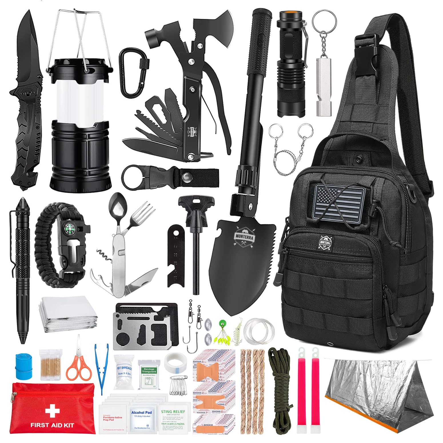 Kit de Supervivencia de 265 Piezas, Equipo y Suministros de Emergencia, Botiquín de Primeros Auxilios, Mochila de Evacuación EDC con Sistema Molle, Accesorios para Senderismo, Camping, Actividades al Aire Libre, Regalos de Caza para Hombres.