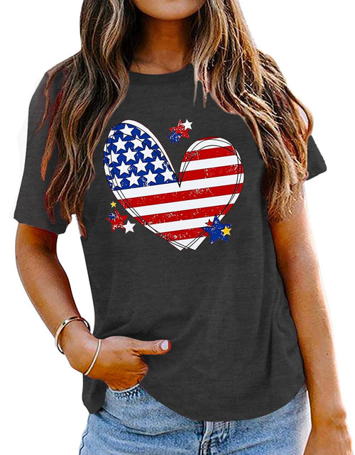 Load image into Gallery viewer, Women American Flag Heart Shirt 4th of July T-Shirt Patriotic Graphic Tees Shirts USA Flag Star Stripe Casual Tops
