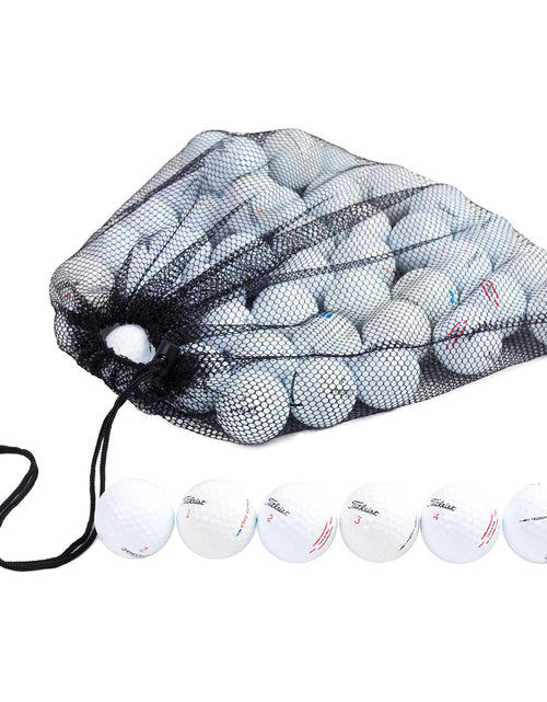 Charger l'image dans la visionneuse de galerie, 48 balles de golf Titleist recyclées et d'occasion Clean Green – Mélange en vrac de marques – Balles de golf d'occasion en vrac en bon état – comprend 48 balles et un sac de transport en filet
