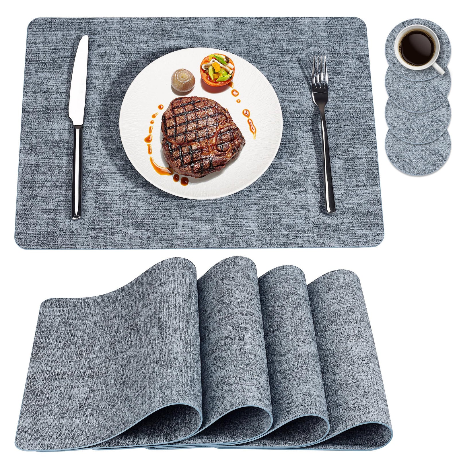Manteles Individuales de Piel Sintética, Juego de 4, NCUE, 100% Impermeables y Resistentes al Calor, Manteles Individuales Lavables para Cocina, Accesorios Decorativos de Mesa Reversibles para Interiores y Exteriores (Azul Claro, Juego de 4)