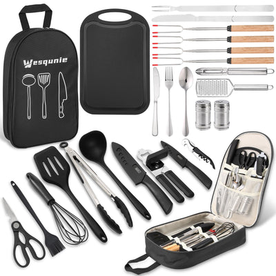Set de utensilios de cocina para camping Wesqunie - Juego de accesorios de cocina para camping, kit de equipo esencial de cocina portátil para campamento al aire libre, organizador de cocina para RV, picnic, parrilla, viajes