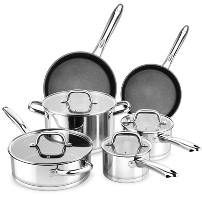 P&P CHEF – Lot de 10 casseroles et poêles en acier inoxydable – Batterie de cuisine 6 pièces, y compris casseroles à induction et faitouts avec couvercles, poêles antiadhésives et sauteuse