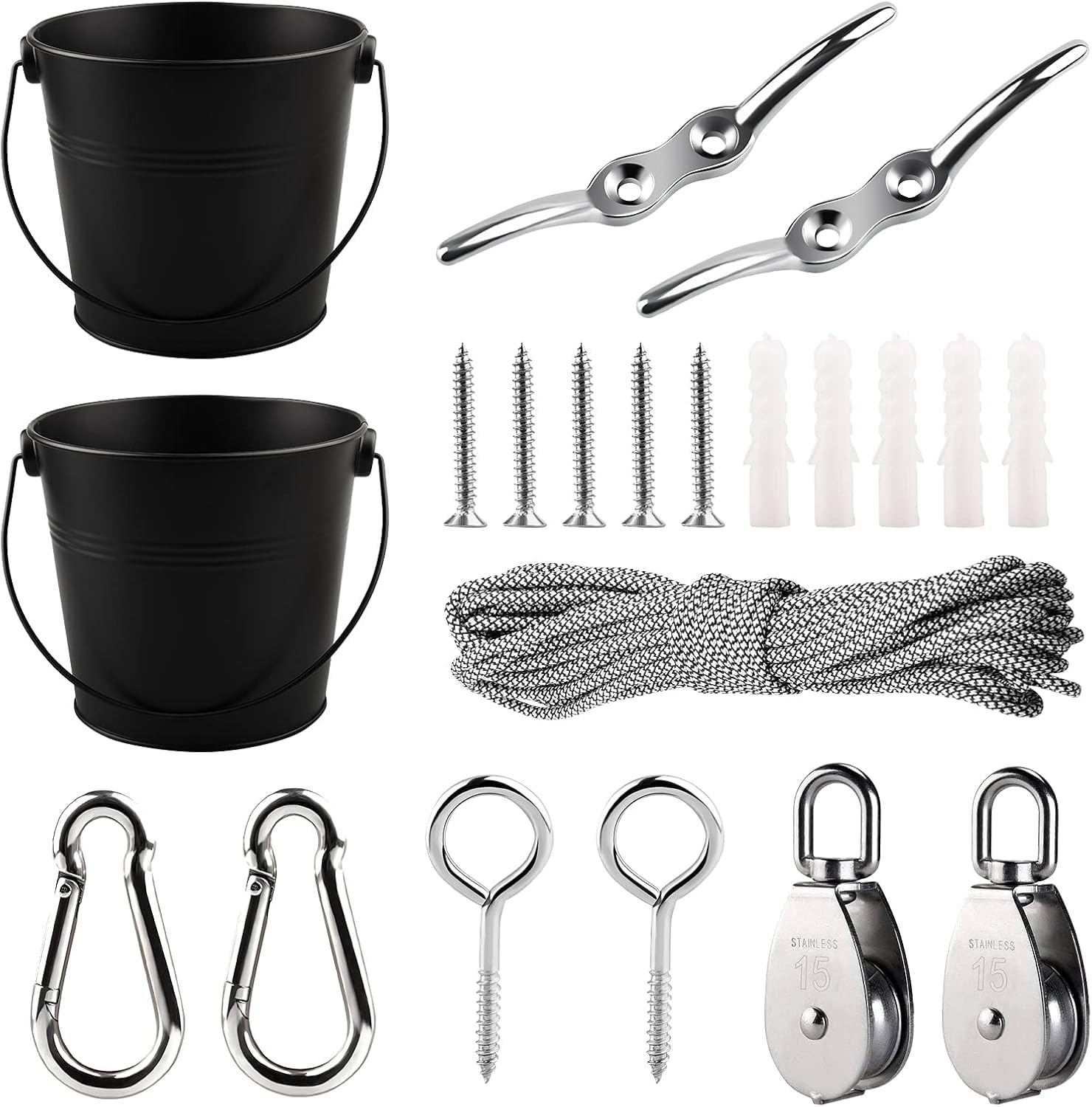 Accessoires Cabane Enfant FUQUN Poulie avec Seau Câble Accessoires Maisonnette Enfant Poulies pour Enfants Accessoires Bateau Pirate Jeu Cabane Extérieur Seau pour Cabane (2 Jeux Noirs)