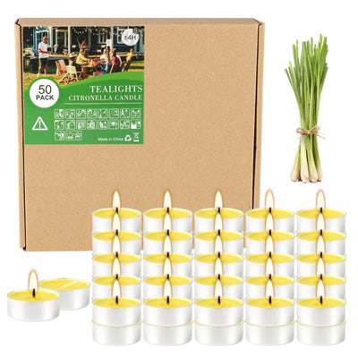 Bougies chauffe-plat jaunes, en vrac, 4 heures, sans coulée, sans fumée, à la citronnelle, pour la maison, le jardin, le patio, la cour, le balcon, l'arrière-cour - Lot de 50