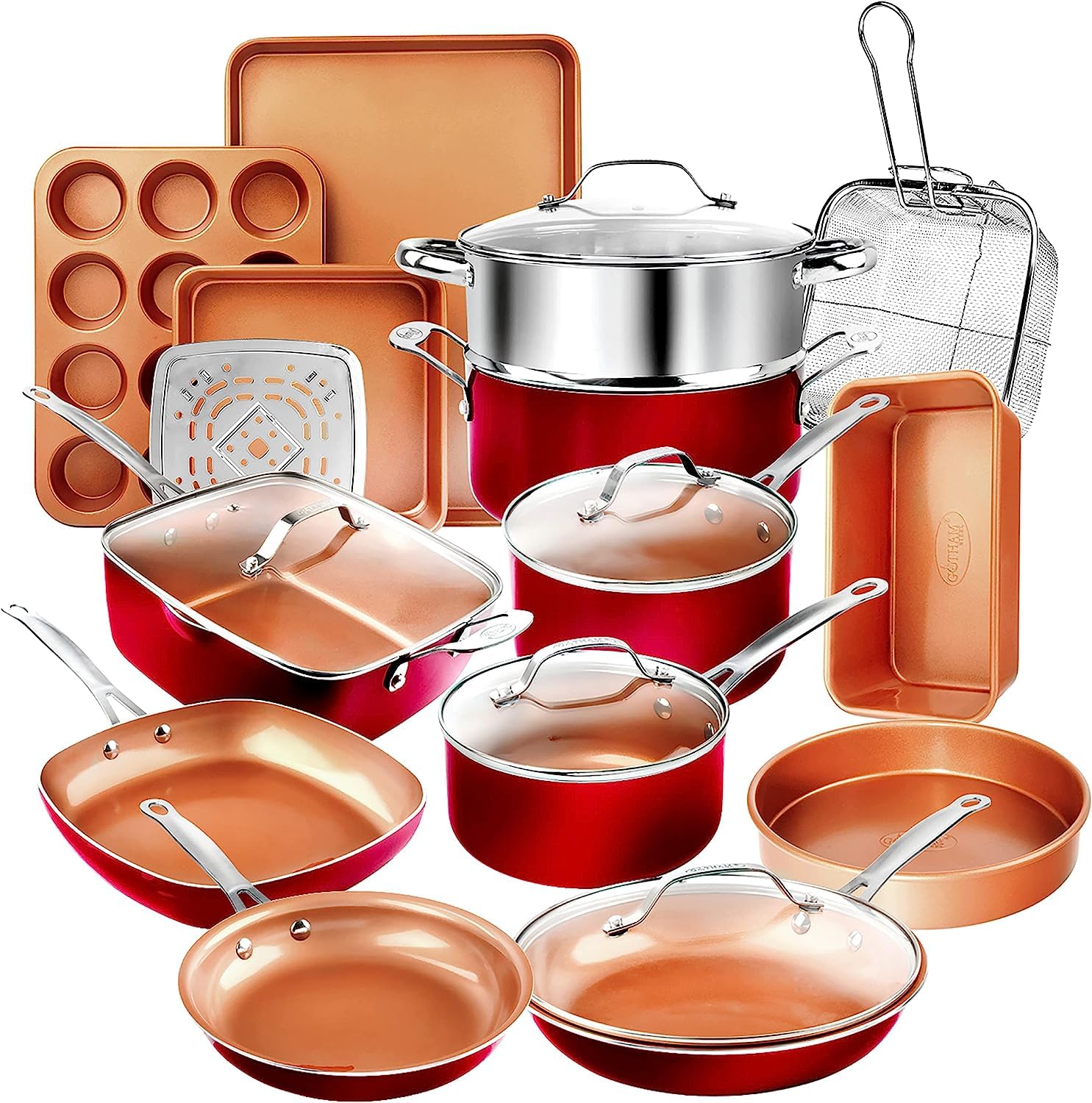 Gotham Steel Juego de 20 piezas de ollas y sartenes, juego de utensilios de cocina antiadherentes y para hornear, de cerámica completa para cocina, antiadherente con tapas, apto para lavavajillas y horno, no tóxico - Rojo