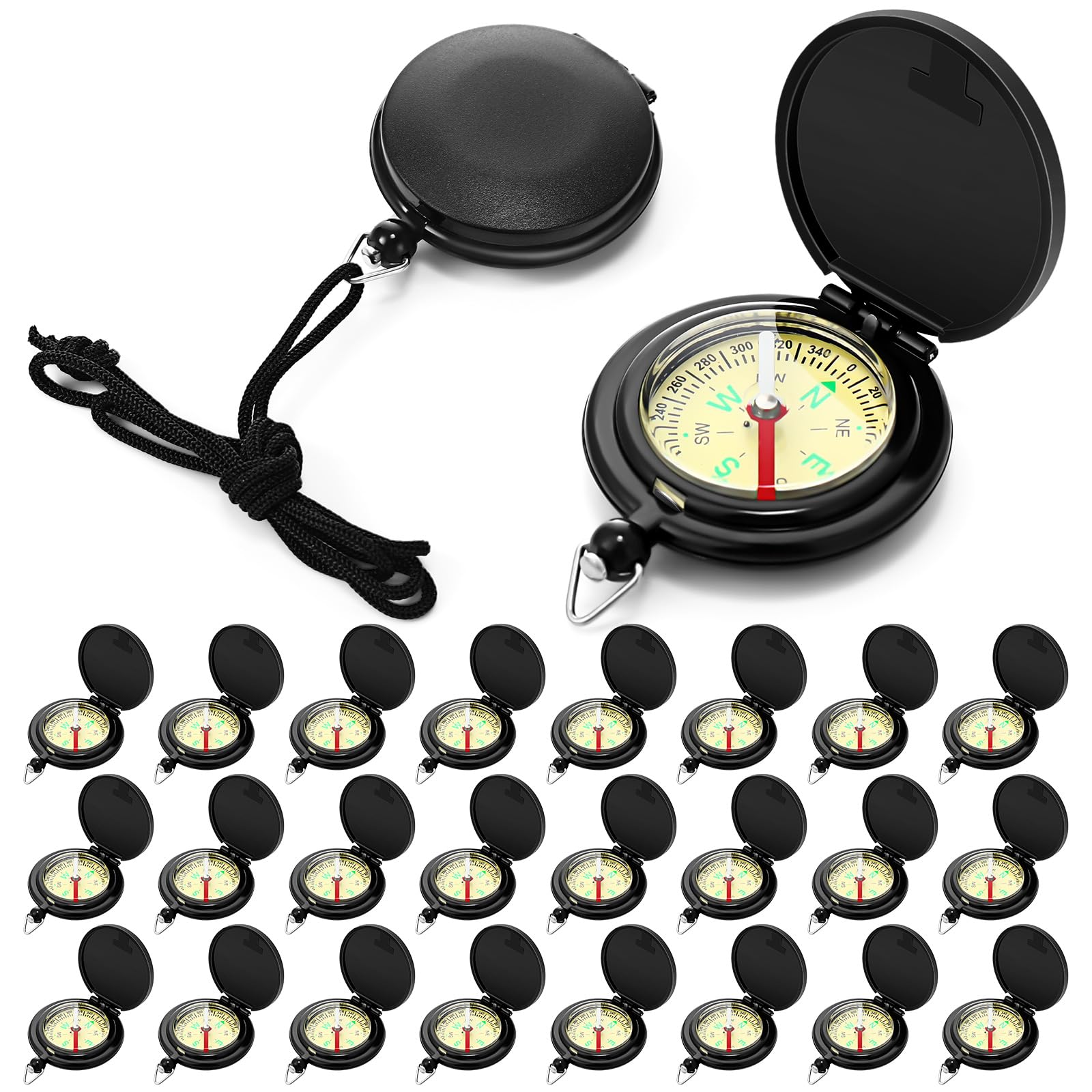 JaGely 24 Pcs Compass for Kids Bulk Gift for Christmas Pocket Compass with Hanging Rope Military Camping Survival Compass for Outdoor Hiking Camping Hunting Climbing(Hidden ButtonBlack)