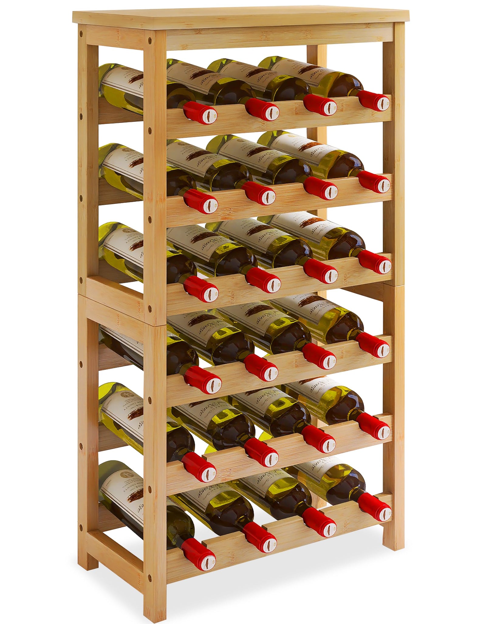 STELLSTAR 24 Bottles Floor Wine Rack with Tabletop 6 Tier Bamboo Wine Display Storage Shelves Wave Bars Freestanding Wine Bottle Organizer Shelf for Kitchen Pantry Cellar Natural