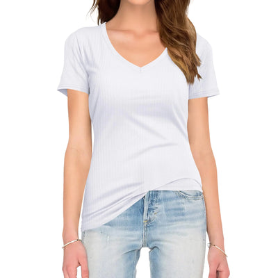 Womens Tops V Neck Short Sleeve Ribbed Basic Tee Summer Casual Shirts