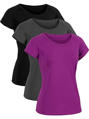 CADMUS T-shirts d'entraînement pour femmes pour la course à pied, le yoga, T-shirts Dry Fit, lot de 3, 2501 Noir & Gris & Violet X-Large
