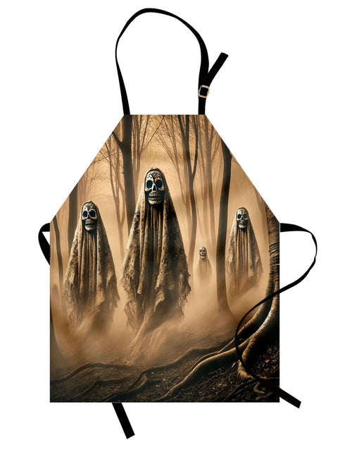 Cargar imagen en el visor de la galería, Ambesonne Halloween Apron Scary Ghosts in an Idyllic Haunted Forest Foggy Woods Day of the Dead Skulls Unisex Kitchen Bib with Adjustable Neck for Cooking Gardening Adult Size Ecru Dark Sepia
