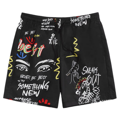 WDIRARA Mens Graphic Print Colorblock Drawstring Waist Active Pocket Shorts Black XXL