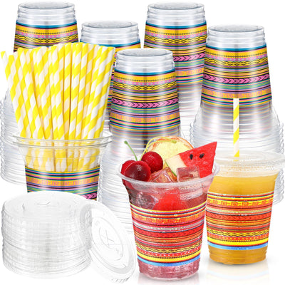 Jingmore 50 Pack Fiesta Plastic Cups with Lids and Paper Straws 12 oz Mexican Clear Disposable Cups Bulk Cinco De Mayo Plastic Cups for Fiesta Taco Birthday Party Drinkware Supplies