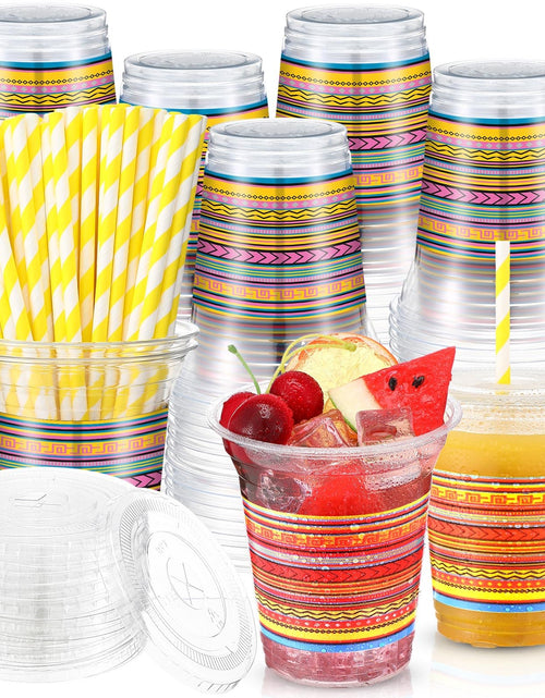 Load image into Gallery viewer, Jingmore 50 Pack Fiesta Plastic Cups with Lids and Paper Straws 12 oz Mexican Clear Disposable Cups Bulk Cinco De Mayo Plastic Cups for Fiesta Taco Birthday Party Drinkware Supplies

