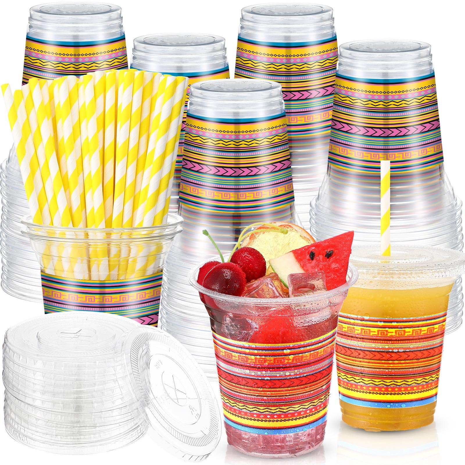 Jingmore 50 Pack Fiesta Plastic Cups with Lids and Paper Straws 12 oz Mexican Clear Disposable Cups Bulk Cinco De Mayo Plastic Cups for Fiesta Taco Birthday Party Drinkware Supplies