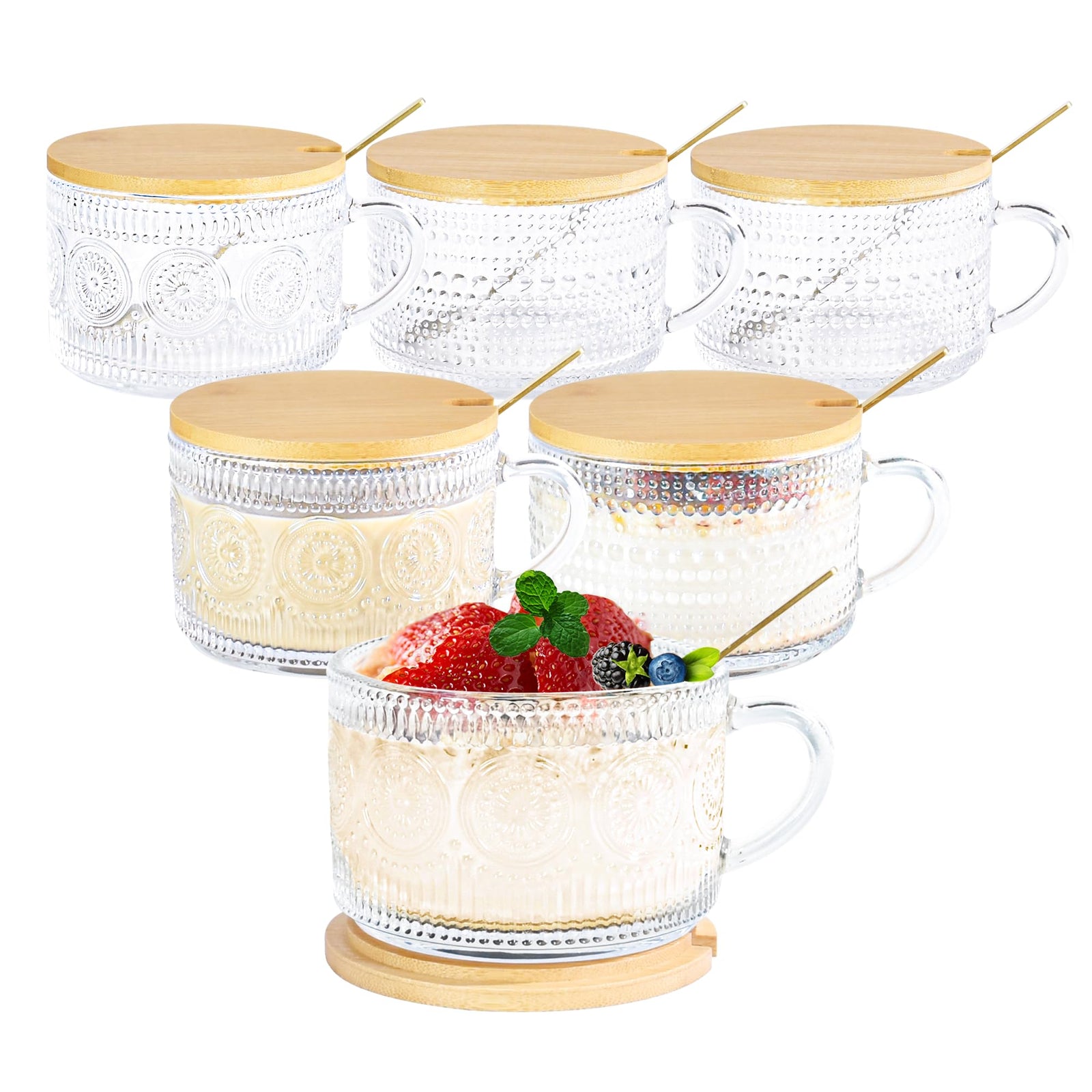 Icesip 14 oz Coffee Mugs Set of 6 Sunflower Hobnail Overnight Oats Glass Containers with Bamboo Lids Spoons Handle for Latte Cereal Yogurt(6 Mixed Spoon Hole)