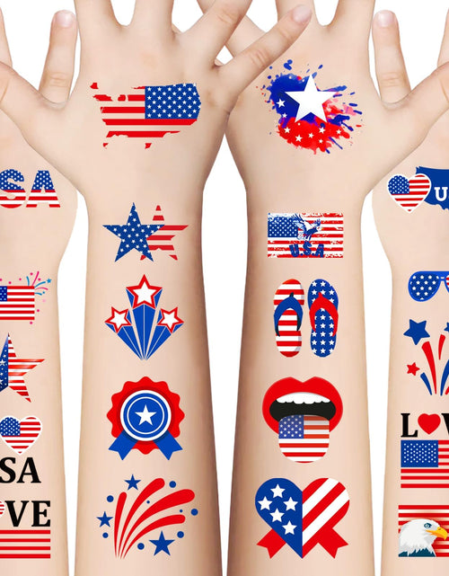 Load image into Gallery viewer, Awinmay 90Pcs Fourth of July Temporary TattoosAmerican Flag Red White and Blue Fake Tattoo Stickers 4th of JulyUSA Party FavorsMemorial Day Independence Day Labor Day Decorations Party Supplies
