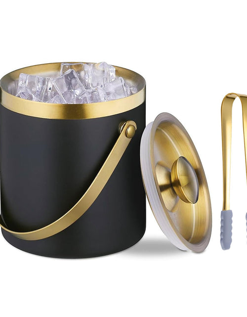 Load image into Gallery viewer, Sipoyen Ice Bucket with Lid Handle and Tong Black Gold Insulated Stainless Steel Champagne Bucket 2L Wine Bucket for Party Bar Cart Accessories Large Double Wall Bucket Keep Frozen
