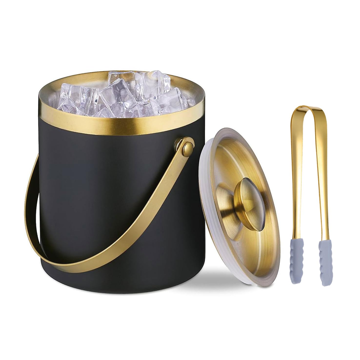 Sipoyen Ice Bucket with Lid Handle and Tong Black Gold Insulated Stainless Steel Champagne Bucket 2L Wine Bucket for Party Bar Cart Accessories Large Double Wall Bucket Keep Frozen