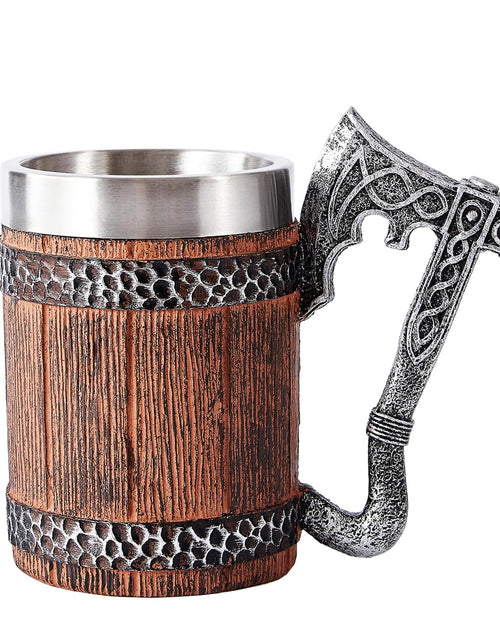 Load image into Gallery viewer, Viking Beer Stein Mug Imitation Wood &amp; Iron Axe Handle18oz Tavern Style Mug for Hot or Cold Drinks Stainless Steel Beer Tankard for Men and Father’s Day Gift
