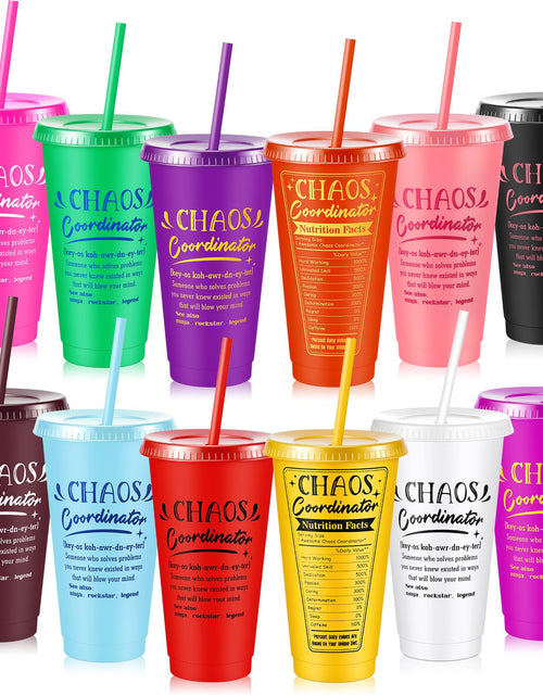 Cargar imagen en el visor de la galería, Uiifan 12 vasos coordinadores de caos para mujeres, 24 oz, de plástico reutilizable, con tapa de paja, vaso de viaje, botella de agua a granel, regalo de agradecimiento para profesores, empleados, enfermeras
