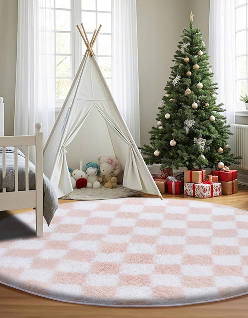 Load image into Gallery viewer, TOOHUB Super Soft Rug Round Rug for Bedroom 5X5 Ft Pink and White Checkered Round Rug Non-Slip High Pile Cute Soft Fluffy Rug for Living Room Bedroom Kids Room
