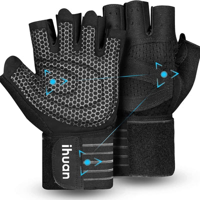 Guantes de gimnasio ventilados de ihuan para levantamiento de pesas con soporte de muñeca para hombres y mujeres, protección completa de la palma para entrenamiento de levantamiento de pesas, fitness, dominadas