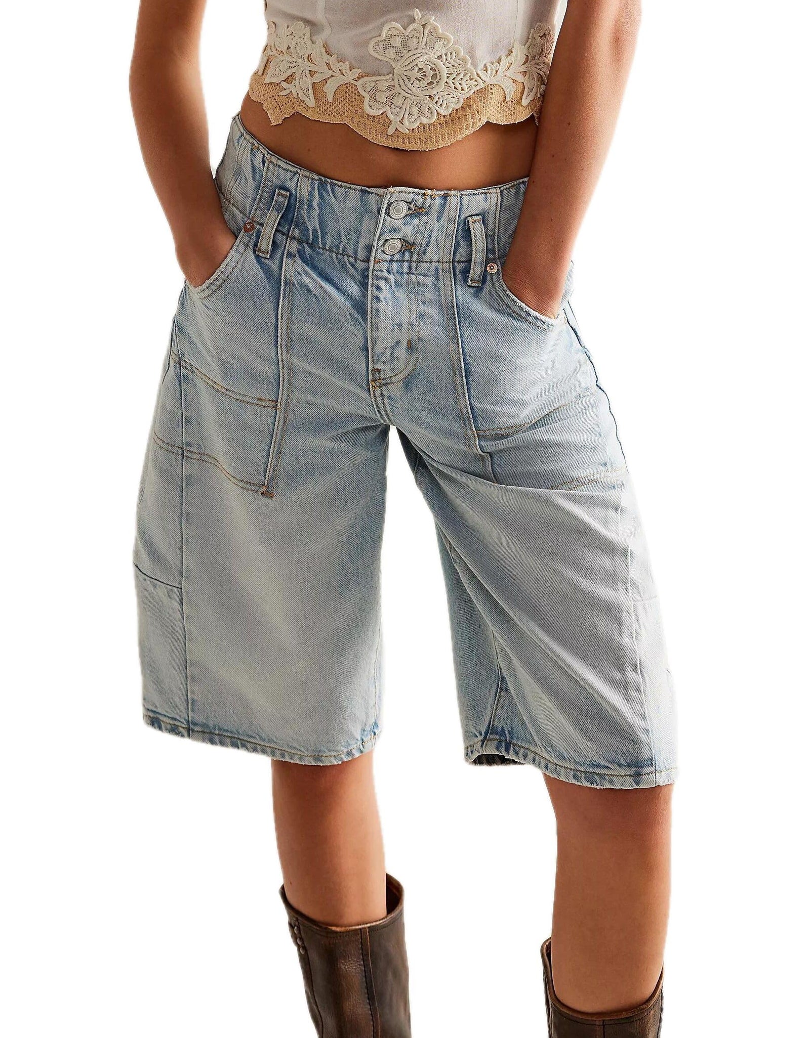 YEXPINE Womens Summer Jean Shorts Casual Barrel Bermuda Shorts Knee Length Loose Fit Baggy Denim Shorts