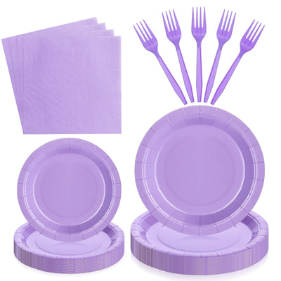 DI QIU REN Juego de 100 Piezas de Suministros para Fiesta Morados con Platos de Papel Morados, Platos Desechables Lavanda, Decoración Morada para Fiesta, Servilletas Lavanda, Tenedores de Plástico para Fiesta, Boda, Cumpleaños – Sirve a 25