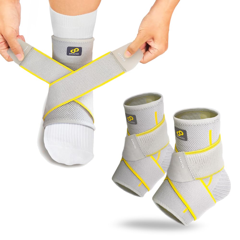 Bracoo 2 Pack Ankle Brace Compression Sleeve for Women & Men Adjustable Ankle Support Strap for Sprained Plantar Fasciitis Pain Relief Injury Recovery Running Workout GYM FS60