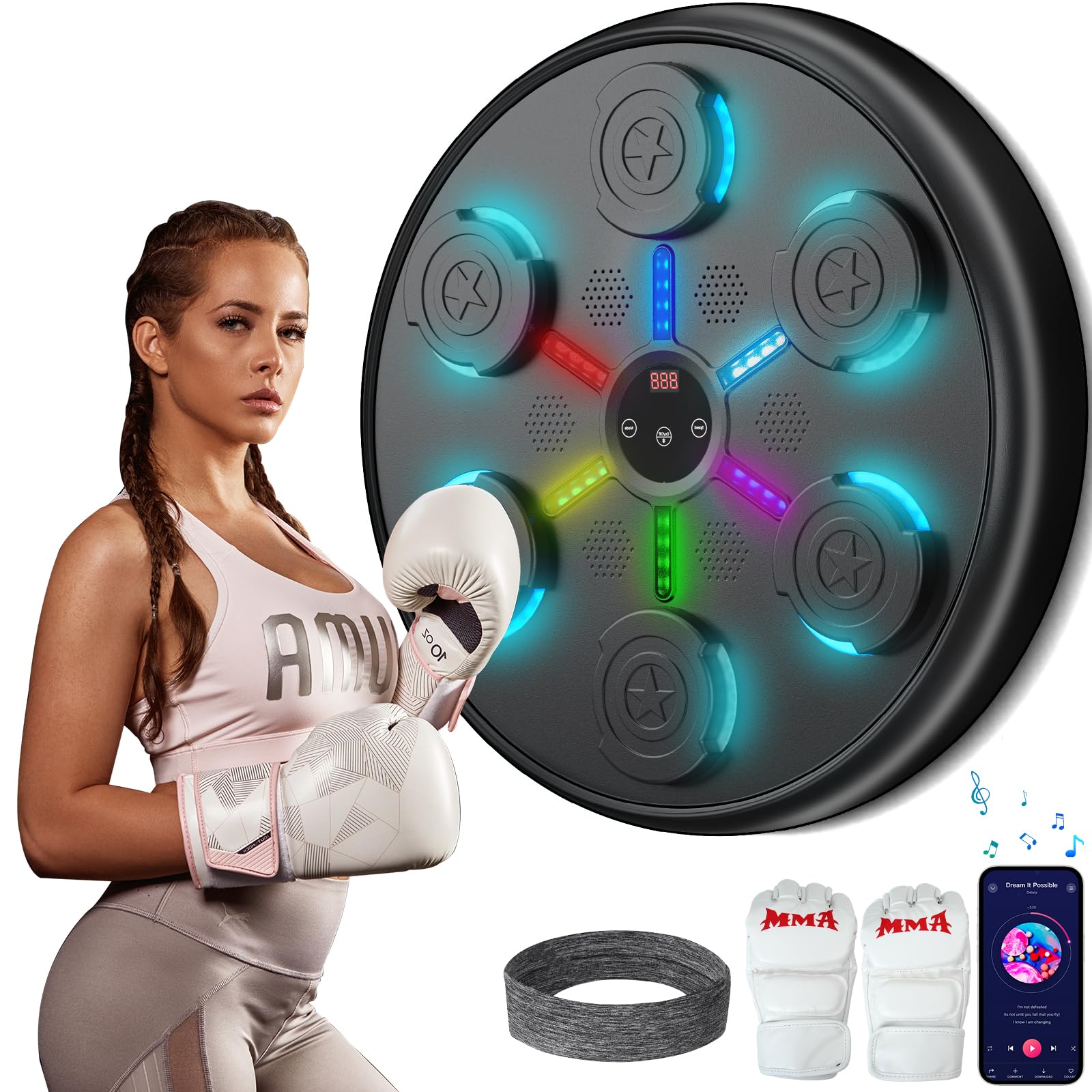 Máquina de Boxeo Musical, Máquina de Ejercicio de Boxeo Musical para Adultos y Niños, Entrenador Inteligente de Boxeo Musical con Bluetooth, Almohadilla de Boxeo Musical Montada en la Pared con Guantes, Regalo para Cumpleaños y Navidad