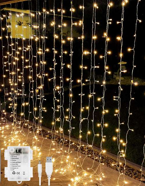 Load image into Gallery viewer, LE Fairy Curtain Lights Battery Operated &amp; USB Plug in Remote 10 x 10 ft Hanging String Lights for Bedroom Wall 300 LED Indoor Outdoor Twinkle Lights for Wedding Party Backdrop Tent Patio Gazebo
