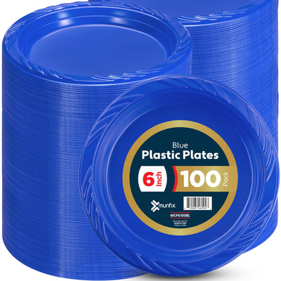 Munfix 6 Inch Blue Plastic Plates 100 Bulk Pack - Disposable Cake Plates for Dessert & Appetizers BBQ Party Travel and Events Microwavable Recyclable