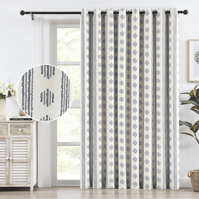 Melodieux Blackout Boho Curtain 84 Inch Long for Bedroom 1 Panel Extra Wide Cotton Curtains Blue on Beige Striped Pattern Bedroom Curtains Grommet Room Darkening Curtains Thermal Insulated