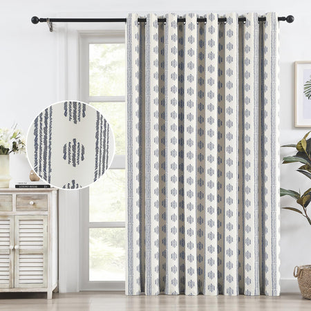 Melodieux Blackout Boho Curtain 84 Inch Long for Bedroom 1 Panel Extra Wide Cotton Curtains Blue on Beige Striped Pattern Bedroom Curtains Grommet Room Darkening Curtains Thermal Insulated