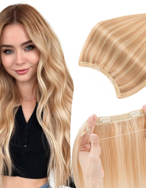 Load image into Gallery viewer, TESSHAIR Halo Hair Extensions Real Human 22 Inch Hair Halo Extensions for Women Long Straight Wire Hair Extensions Real Human Hair 75g Hair Extensions Halo #Golden Brown Mixed Bleach Blonde
