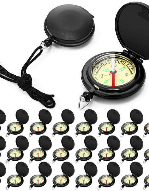 Load image into Gallery viewer, JaGely 24 Pcs Compass for Kids Bulk Gift for Christmas Pocket Compass with Hanging Rope Military Camping Survival Compass for Outdoor Hiking Camping Hunting Climbing(Hidden ButtonBlack)
