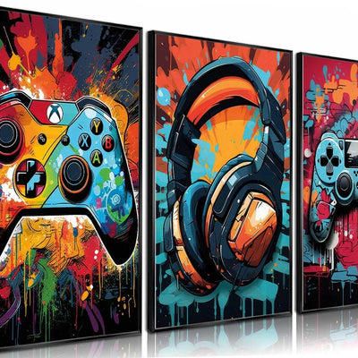 3Pcs Cool Gaming Wall Art Retro Video Game watercolor Posters Pictures Colorful Neon Gamepad Canvas Painting Prints for Boys Room Kids Game Room Bedroom for Boys Home Decoration 12x16in Unframed