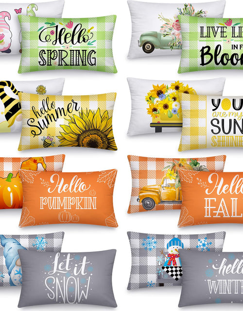 Charger l'image dans la visionneuse de galerie, Tatuo Lot de 16 housses de coussin saisonnières pour les fêtes de fin d'année, l'hiver, le printemps, la Saint-Valentin, motif gnome et fleurs, pour la décoration de la maison, du canapé (30 x 50 cm, à carreaux)
