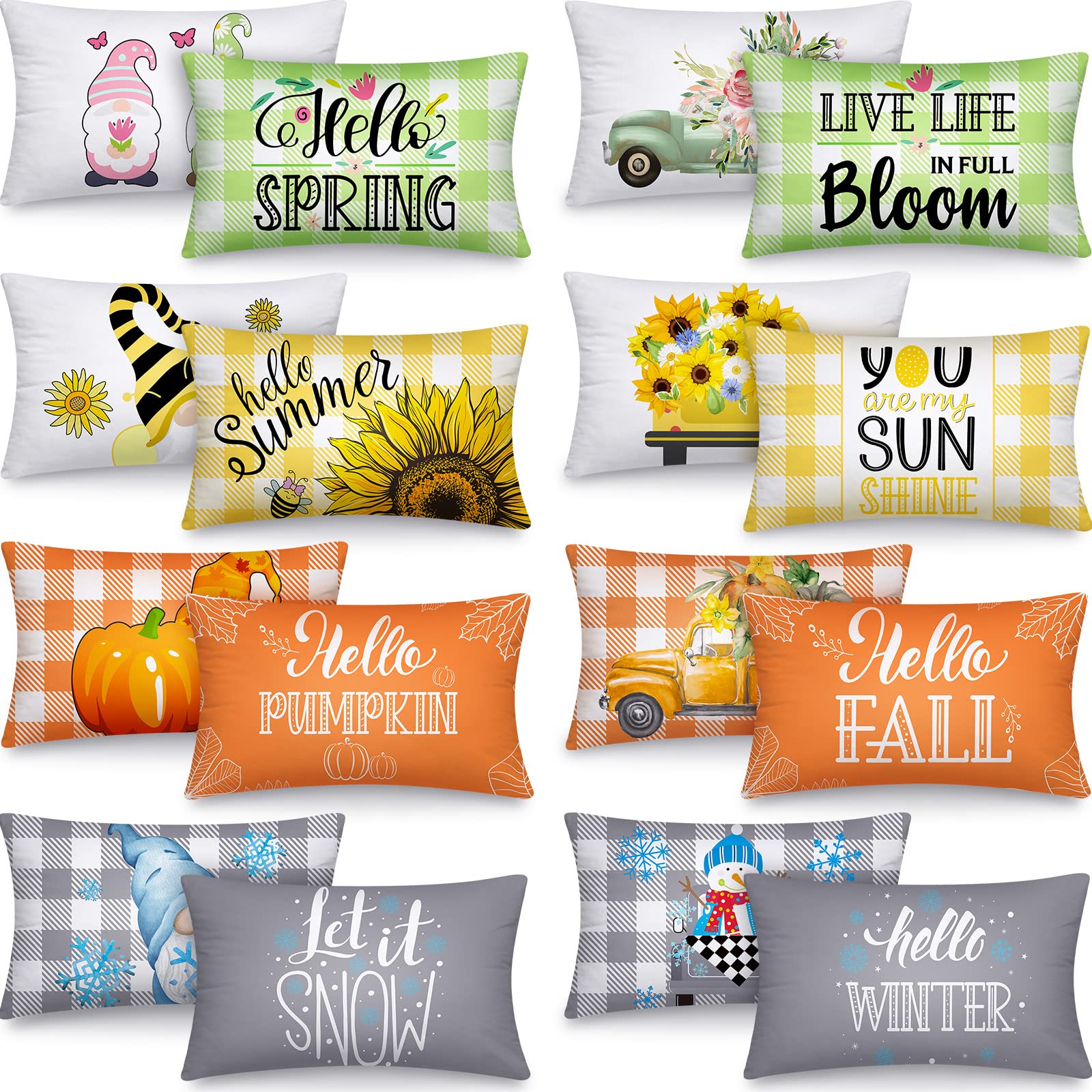 Tatuo Lot de 16 housses de coussin saisonnières pour les fêtes de fin d'année, l'hiver, le printemps, la Saint-Valentin, motif gnome et fleurs, pour la décoration de la maison, du canapé (30 x 50 cm, à carreaux)