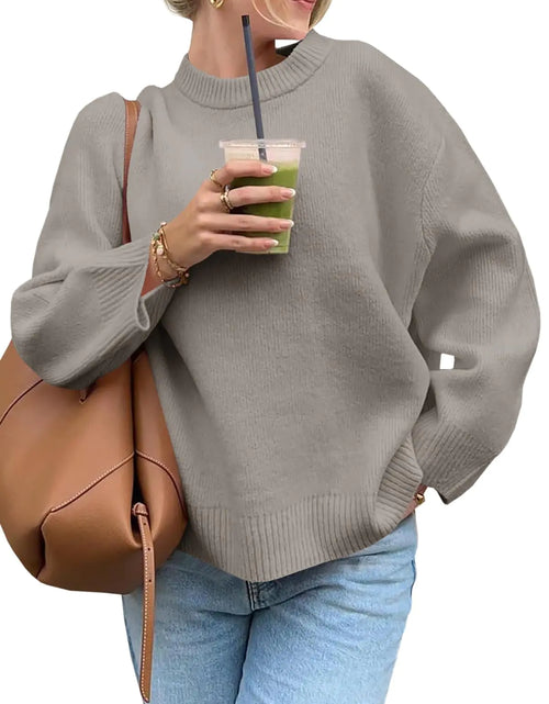 Cargar imagen en el visor de la galería, Saodimallsu Suéter extragrande para mujer, cuello redondo, tejido grueso, cálido, invierno, manga larga, jerséis de punto, caqui
