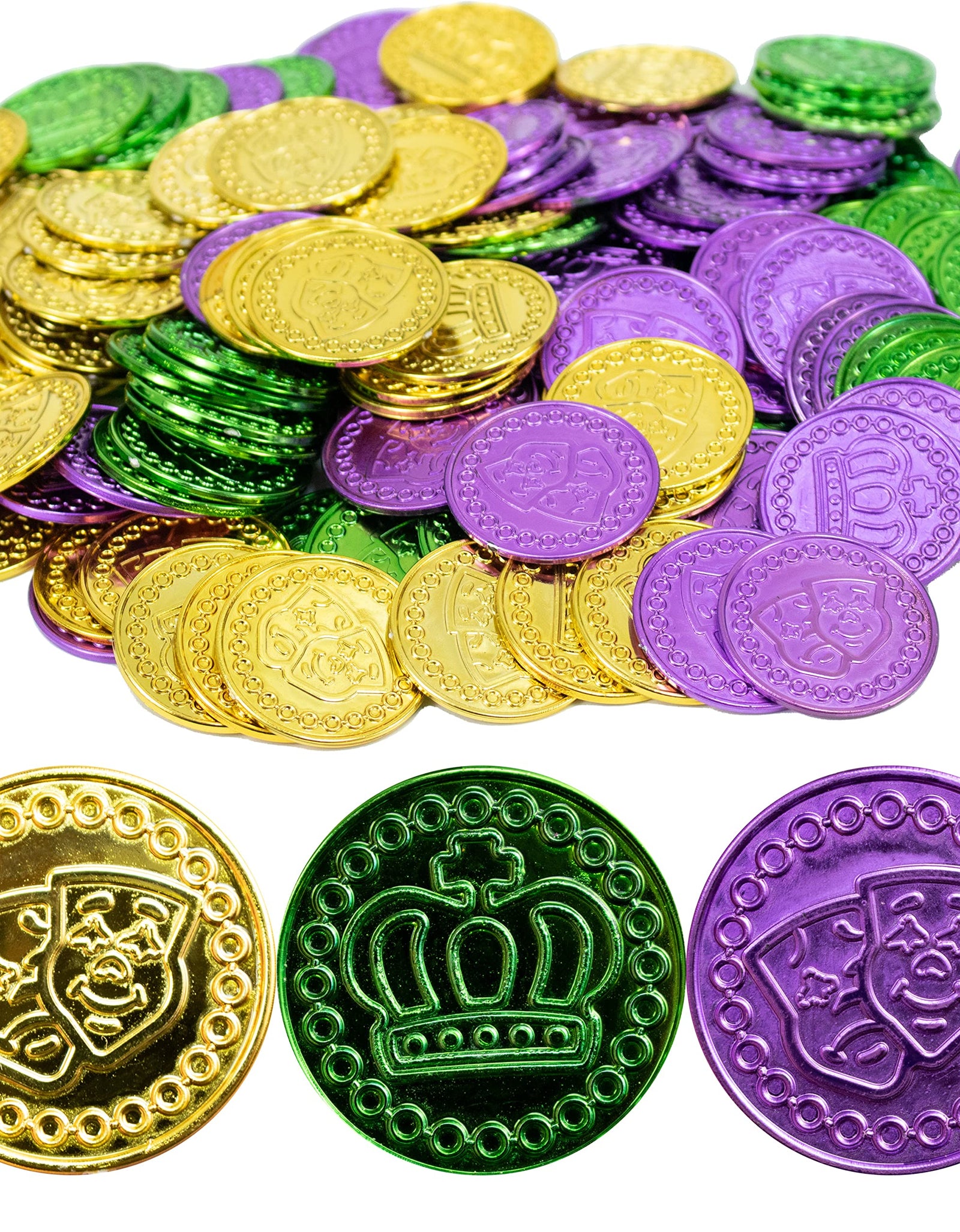 GiftExpress 144PC Mardi Gras Plastic Coins Assorted Metallic Gold Green Purple Mardi Gras Coins Bulk for Mardi Gras Parade Party Favors