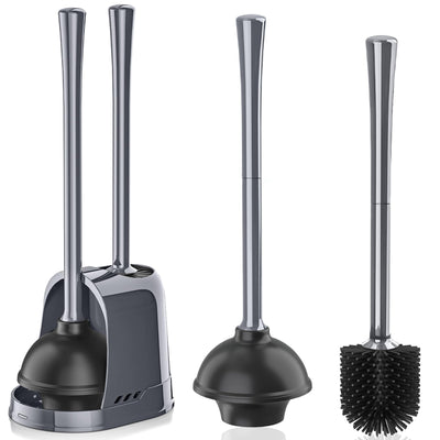 Toilet Plunger and Brush Silicone Bowl Brush and Heavy Duty Toilet Plunger Set with Ventilated Holder 2-in-1 Toilet Brush and Plunger Combo for Bathroom Cleaning (Gray 1 Set)