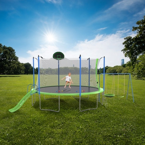 Load image into Gallery viewer, 12FT Trampoline With Slide And Swings, ASTM Approved Large Recreational Trampoline With Basketball Hoop And Ladder,Outdoor Backyard Trampoline With Net, Capacity For Kids And Adults
