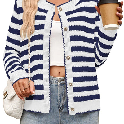 NENONA Womens Long Sleeve Striped Cardigan Sweaters Button Down Cable Knit 2024 Fall Classy OutwearNavyL