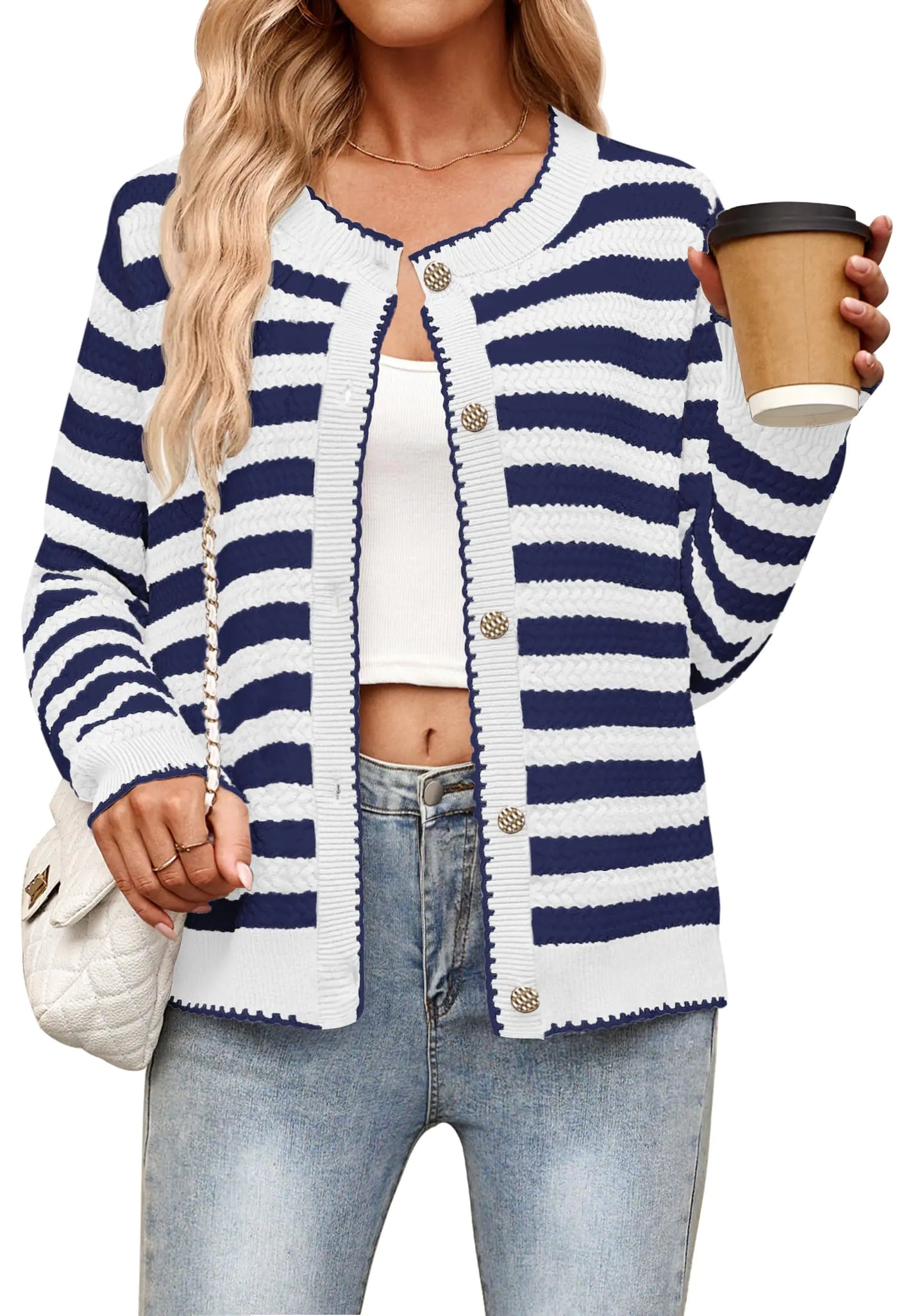 NENONA Pulls Cardigan Rayés à Manches Longues pour Femmes Boutons en Maille Torsadée 2024 Automne Classique Vêtements d'ExtérieurBleuMarineL