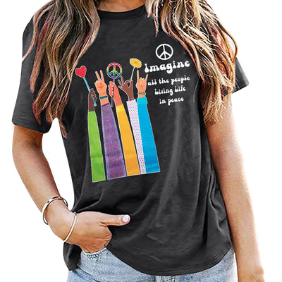Peace Sign Shirts for Women Hippie Shirts Vintage Peace Shirt Casual Graphic Tee Short Sleeve Clothes Grey