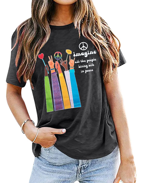 Load image into Gallery viewer, Peace Sign Shirts for Women Hippie Shirts Vintage Peace Shirt Casual Graphic Tee Short Sleeve Clothes Grey

