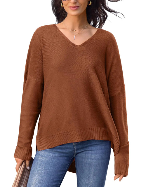 Cargar imagen en el visor de la galería, CUPSHE Suéteres de punto de cuello en V para mujer, manga larga, oversize, otoño 2024, jersey, tops, marrón XS
